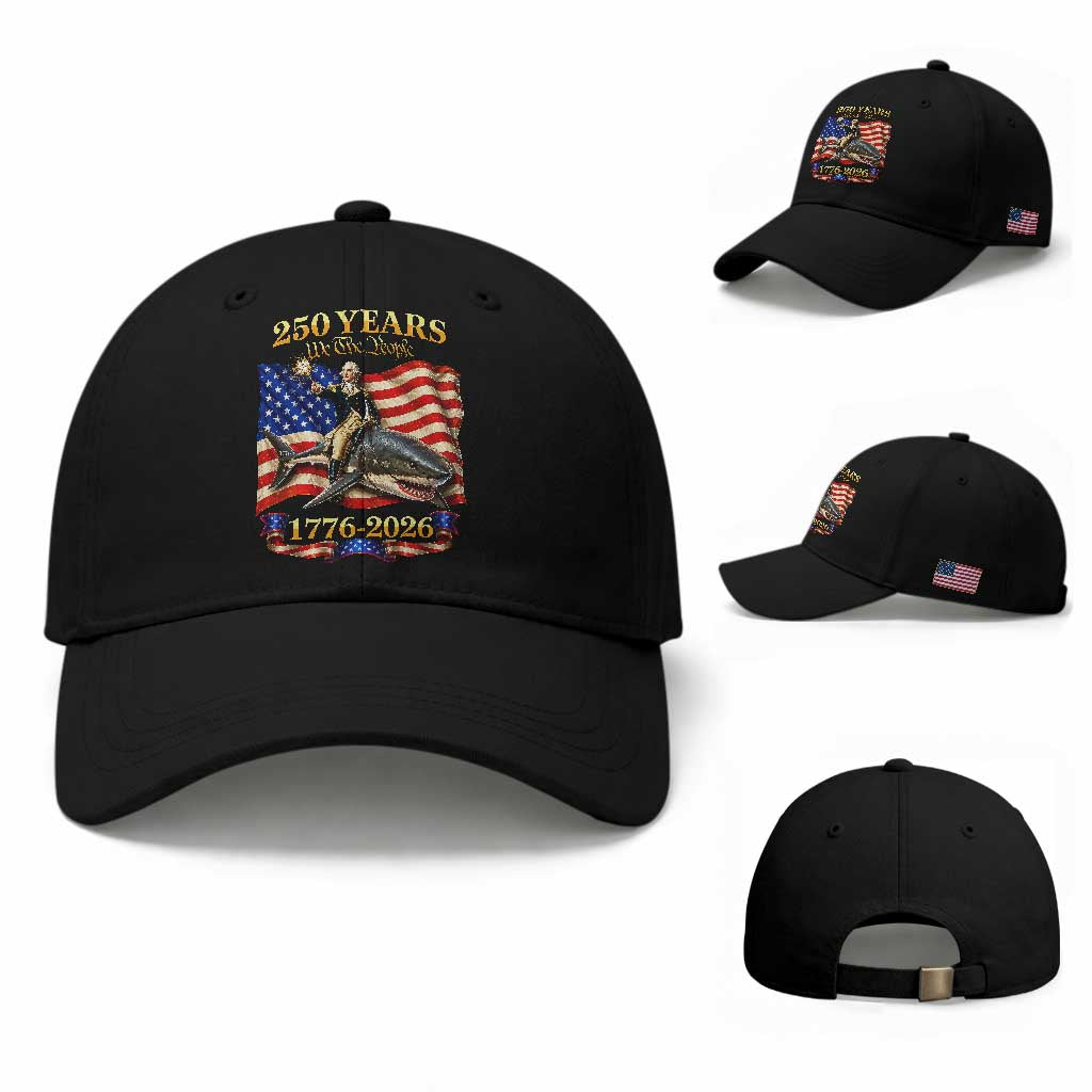 250 Years George Washington Riding Shark Baseball Cap Funny July 4th American Flag 1776 2026