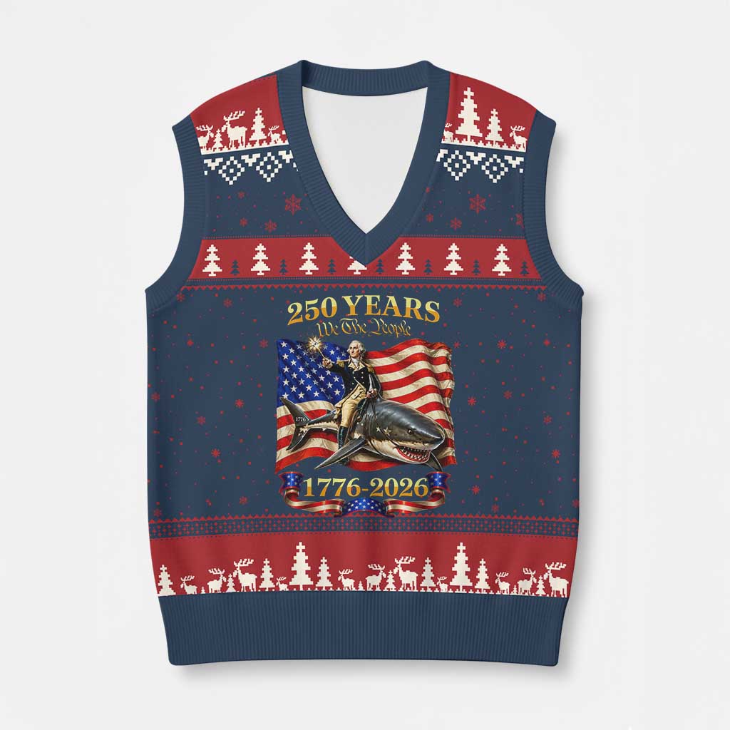 250 Years George Washington Riding Shark V-Neck Knit Sweater Vest Funny July 4th American Flag 1776 2026