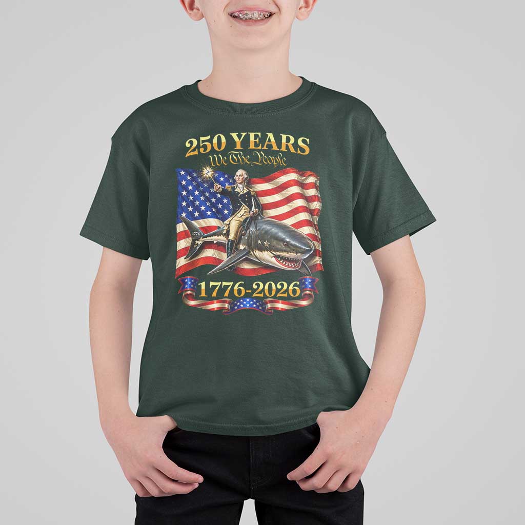 250 Years George Washington Riding Shark T Shirt For Kid Funny July 4th American Flag 1776 2026