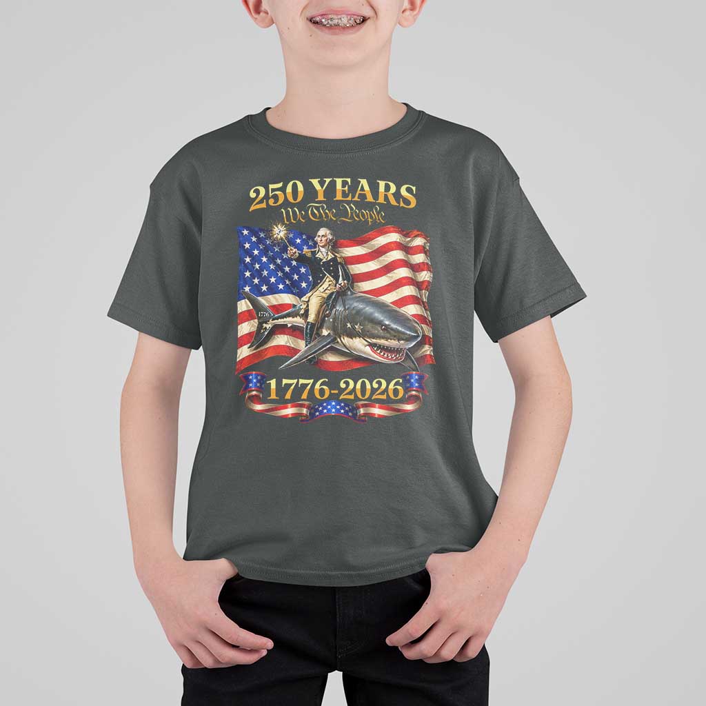 250 Years George Washington Riding Shark T Shirt For Kid Funny July 4th American Flag 1776 2026