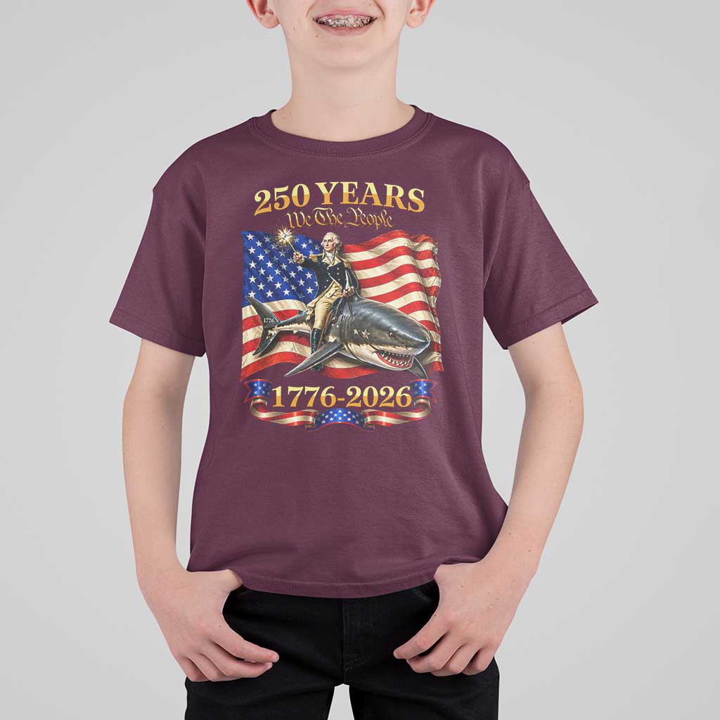 250 Years George Washington Riding Shark T Shirt For Kid Funny July 4th American Flag 1776 2026