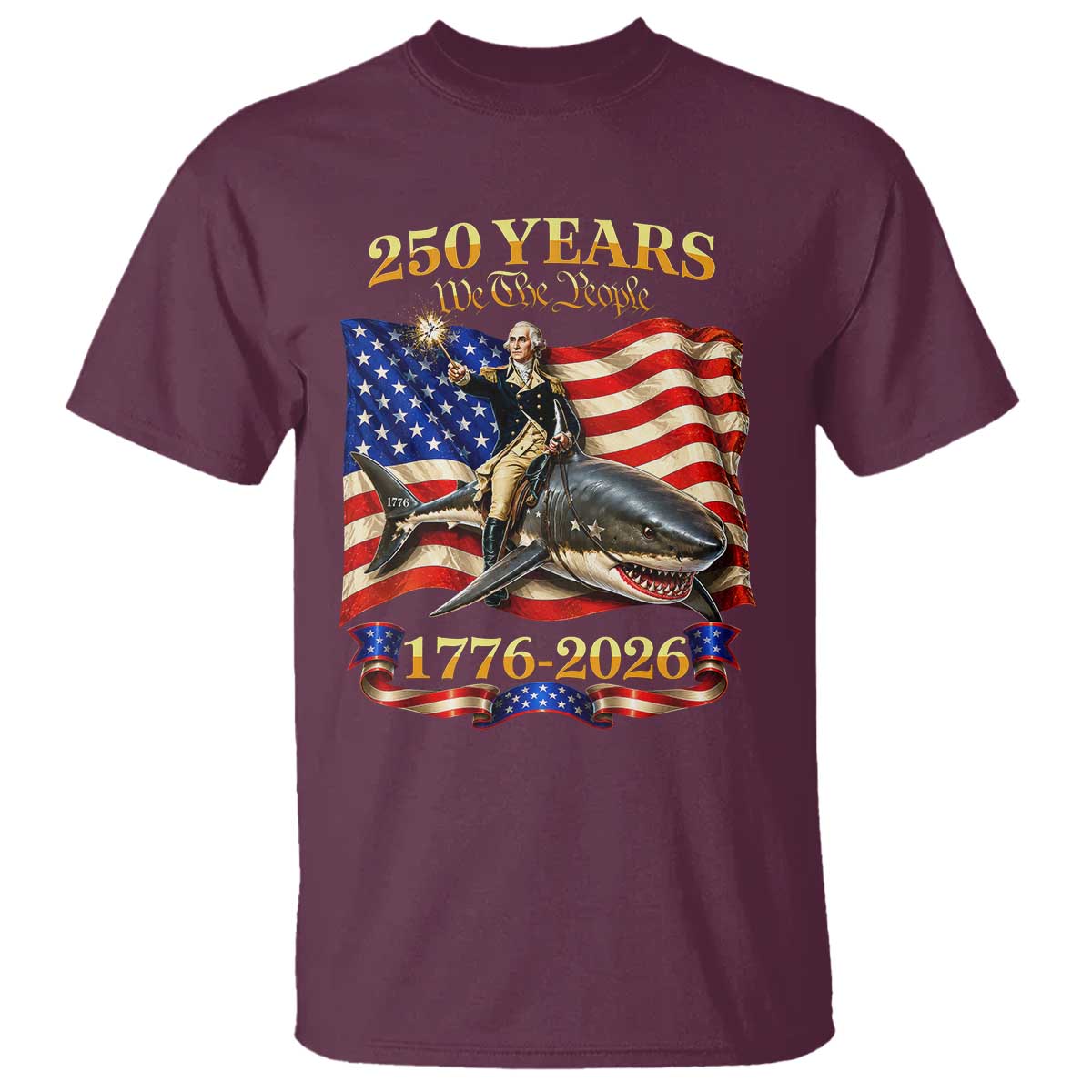 250 Years George Washington Riding Shark T Shirt Funny July 4th American Flag 1776 2026