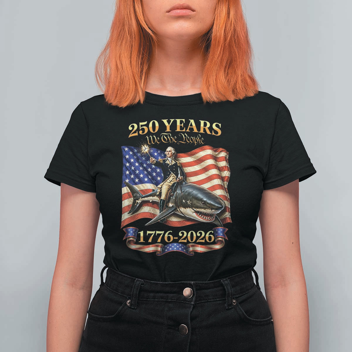 250 Years George Washington Riding Shark T Shirt For Women Funny July 4th American Flag 1776 2026