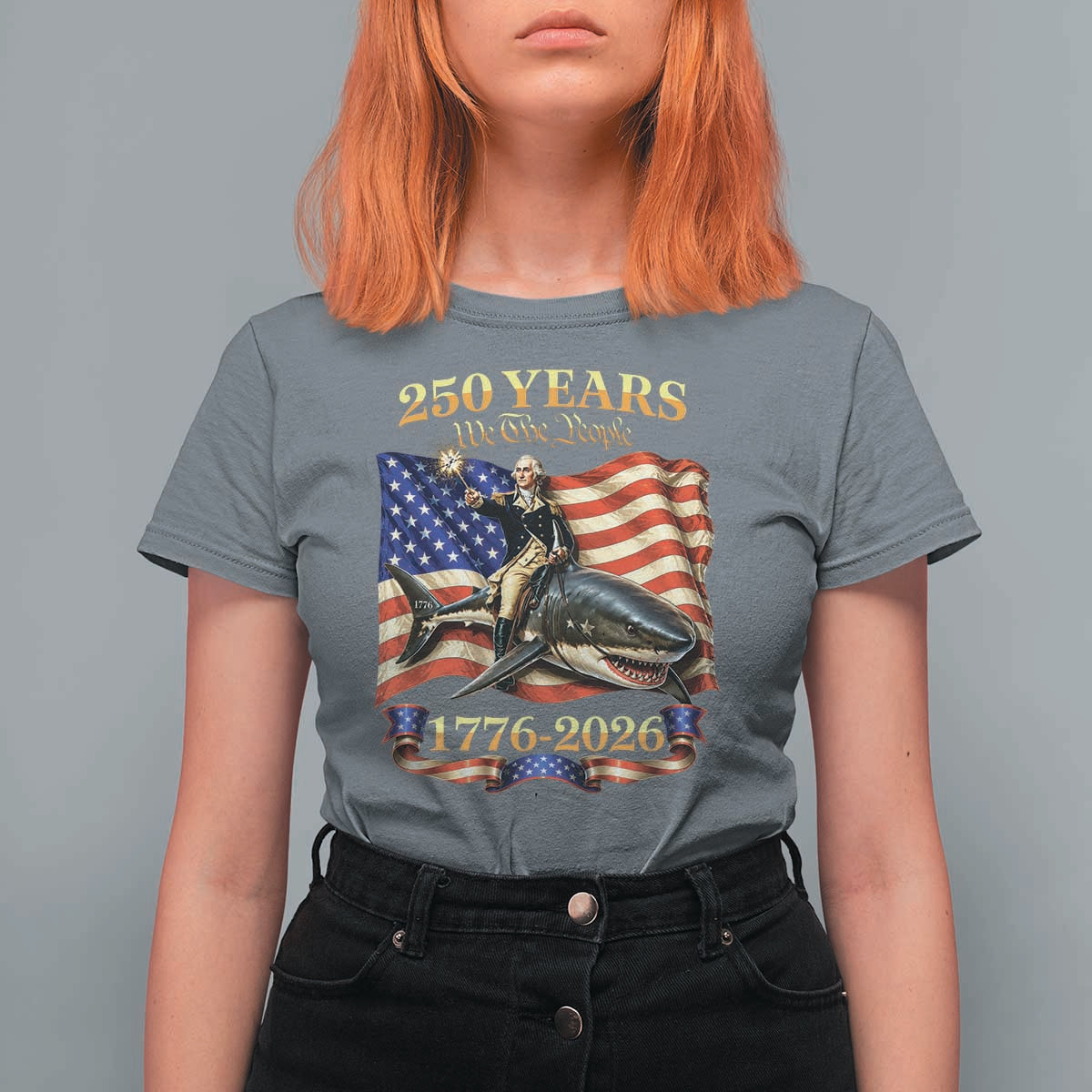 250 Years George Washington Riding Shark T Shirt For Women Funny July 4th American Flag 1776 2026