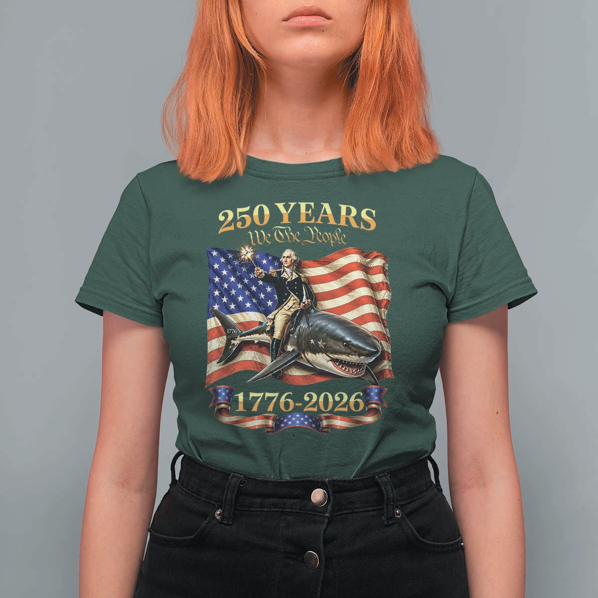 250 Years George Washington Riding Shark T Shirt For Women Funny July 4th American Flag 1776 2026