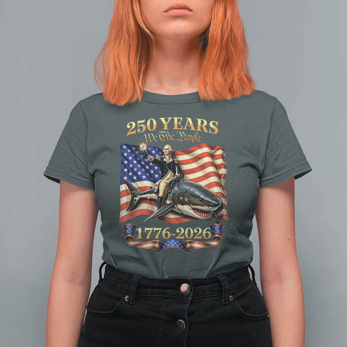 250 Years George Washington Riding Shark T Shirt For Women Funny July 4th American Flag 1776 2026