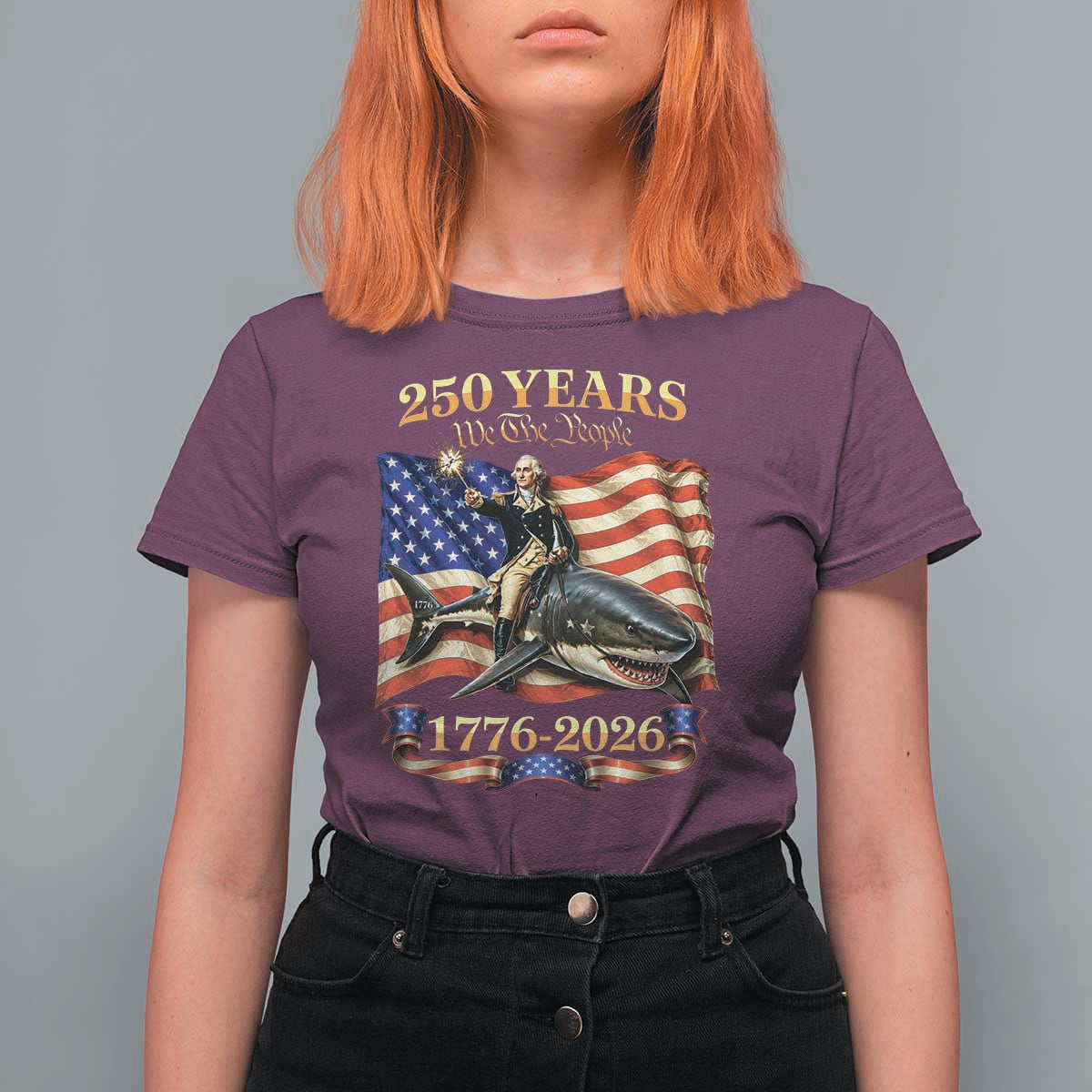 250 Years George Washington Riding Shark T Shirt For Women Funny July 4th American Flag 1776 2026