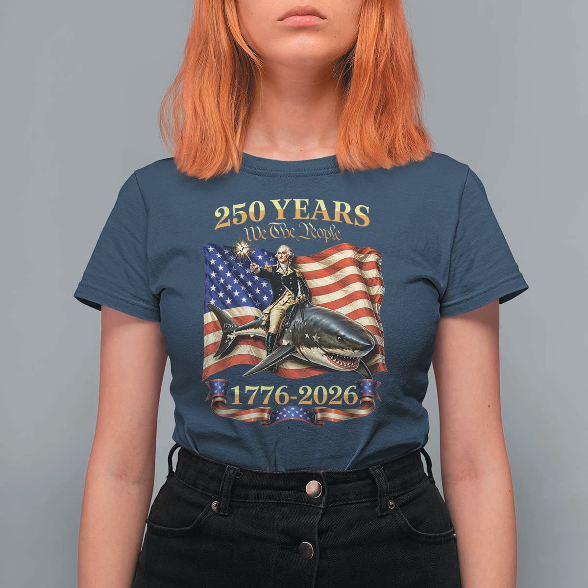 250 Years George Washington Riding Shark T Shirt For Women Funny July 4th American Flag 1776 2026