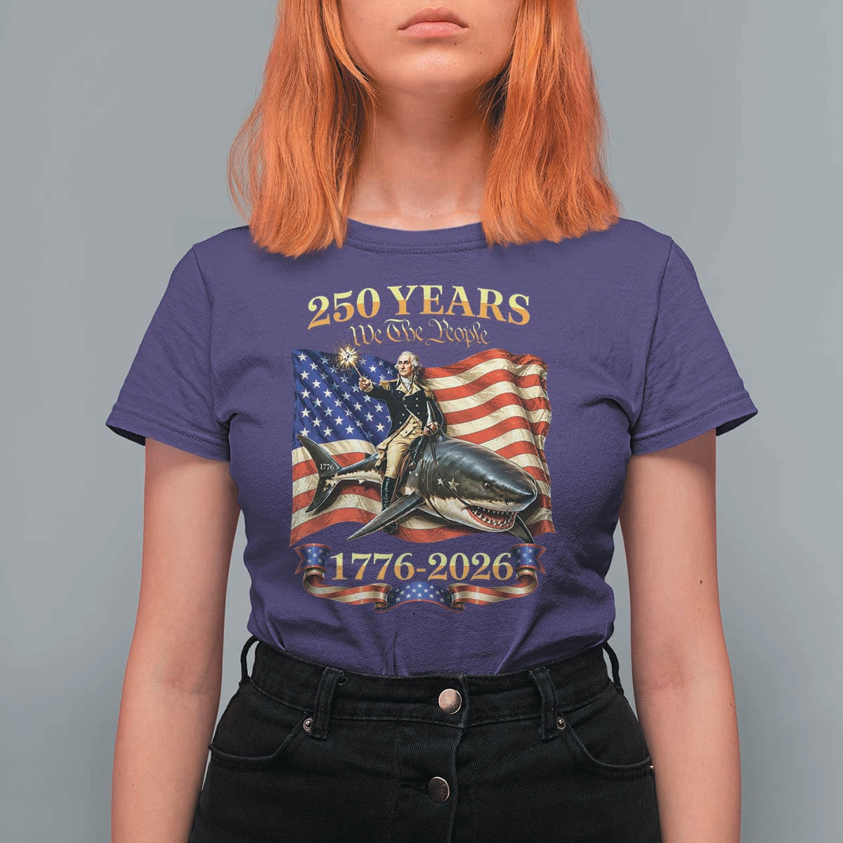250 Years George Washington Riding Shark T Shirt For Women Funny July 4th American Flag 1776 2026