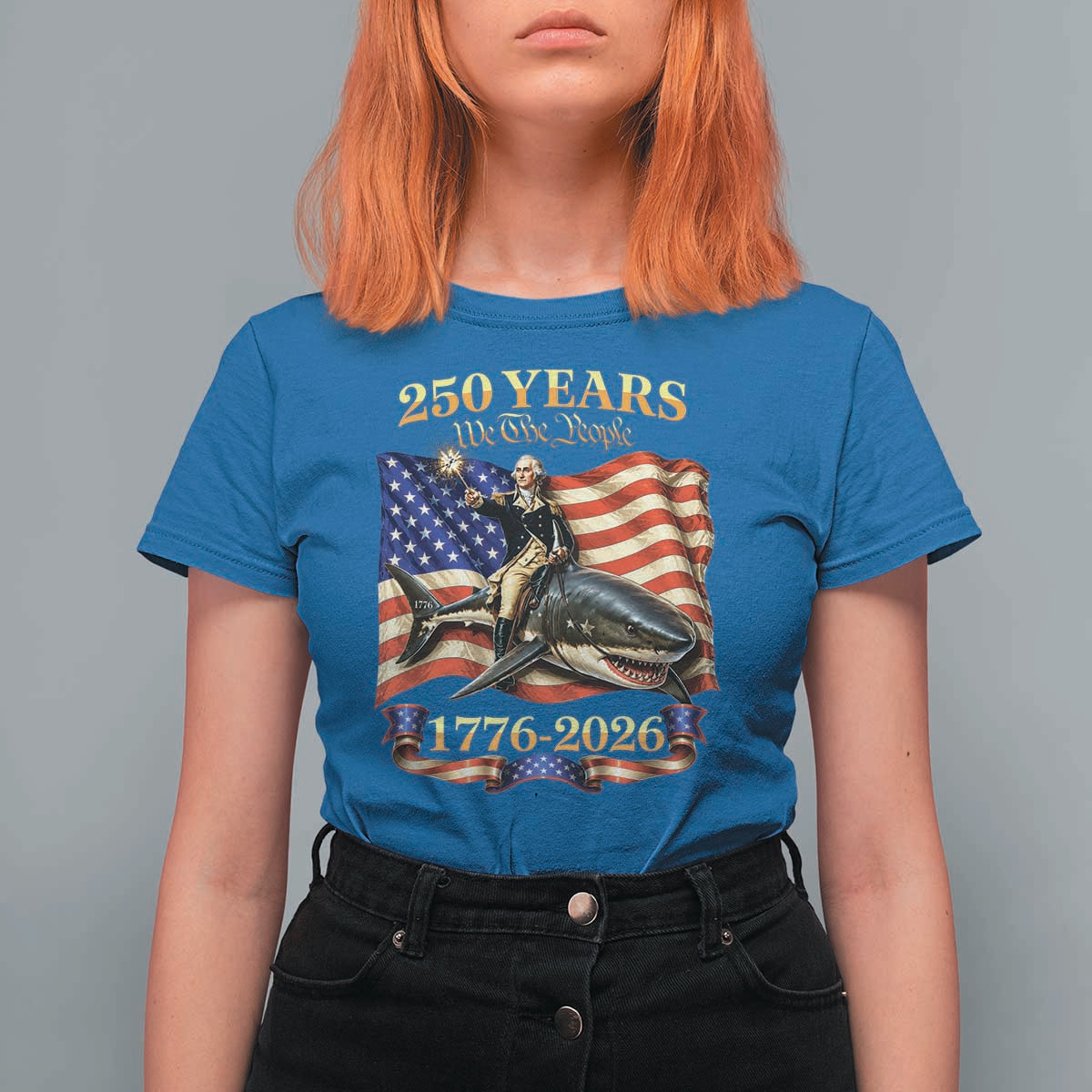 250 Years George Washington Riding Shark T Shirt For Women Funny July 4th American Flag 1776 2026