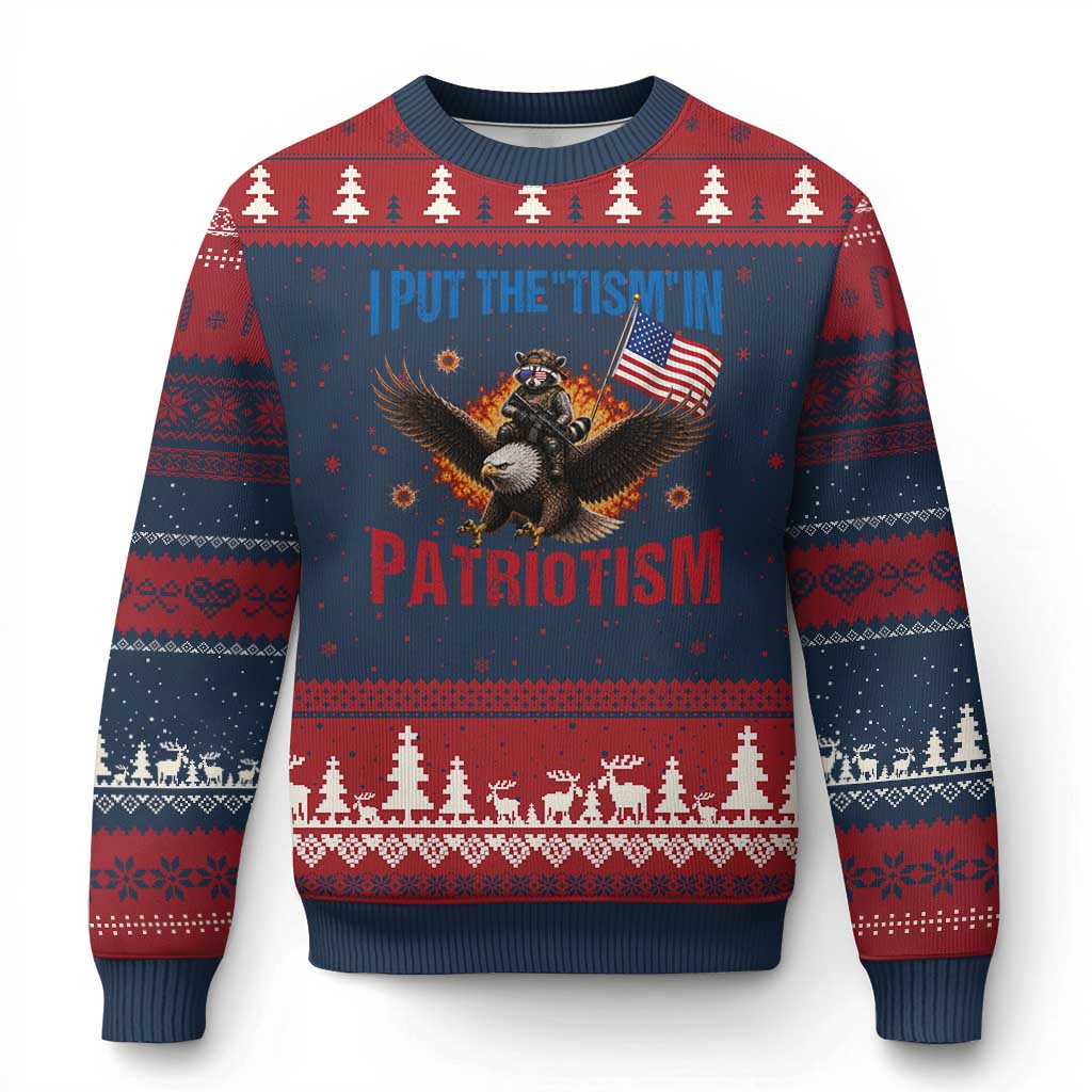 I Put The Tism In Patriotism Ugly Christmas Sweater Raccoon Bald Eagle 4th of July USA