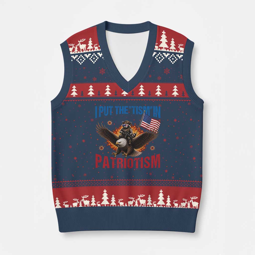 I Put The Tism In Patriotism V-Neck Knit Sweater Vest Raccoon Bald Eagle 4th of July USA
