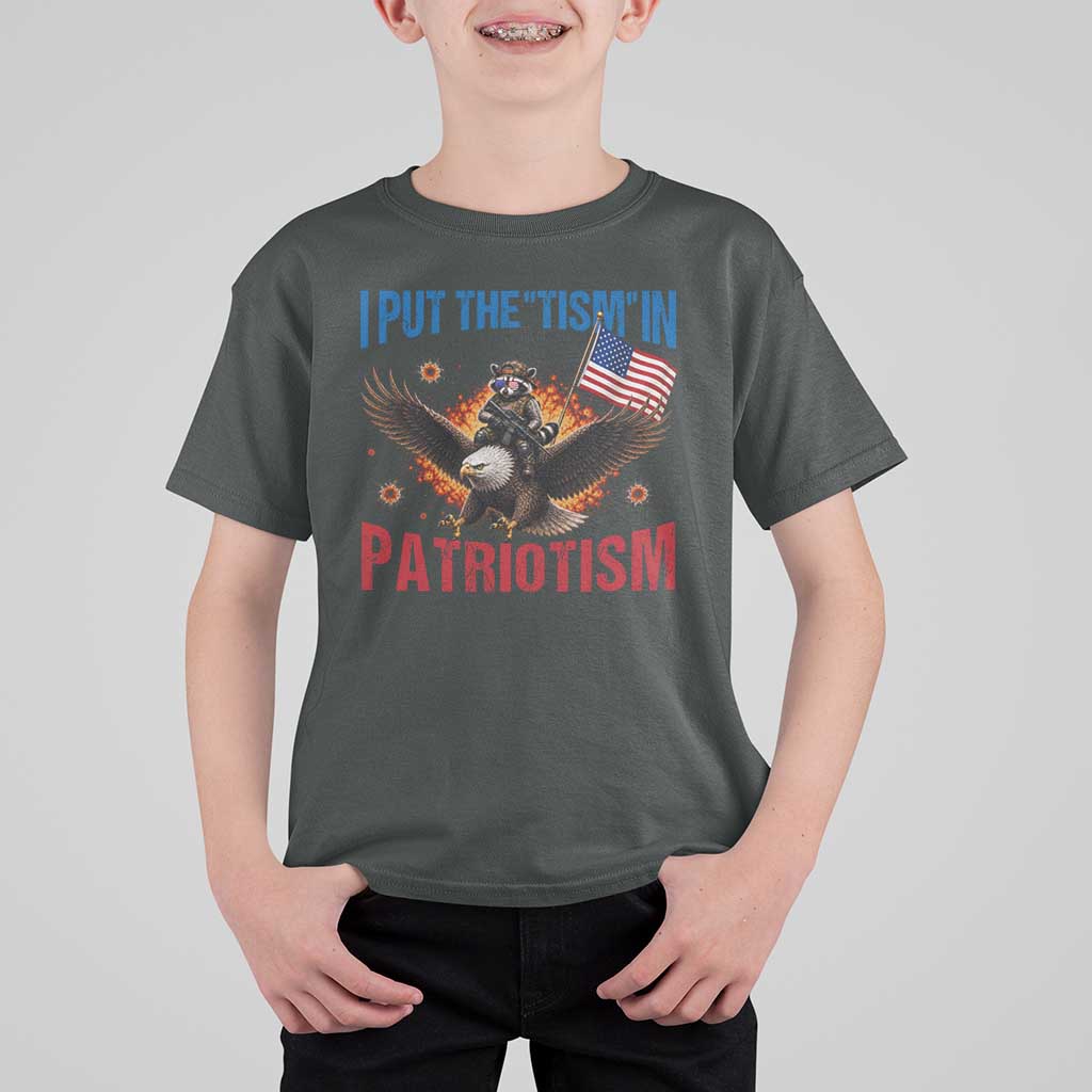 I Put The Tism In Patriotism T Shirt For Kid Raccoon Bald Eagle 4th of July USA