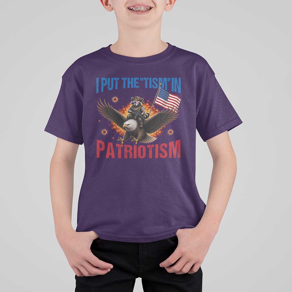 I Put The Tism In Patriotism T Shirt For Kid Raccoon Bald Eagle 4th of July USA
