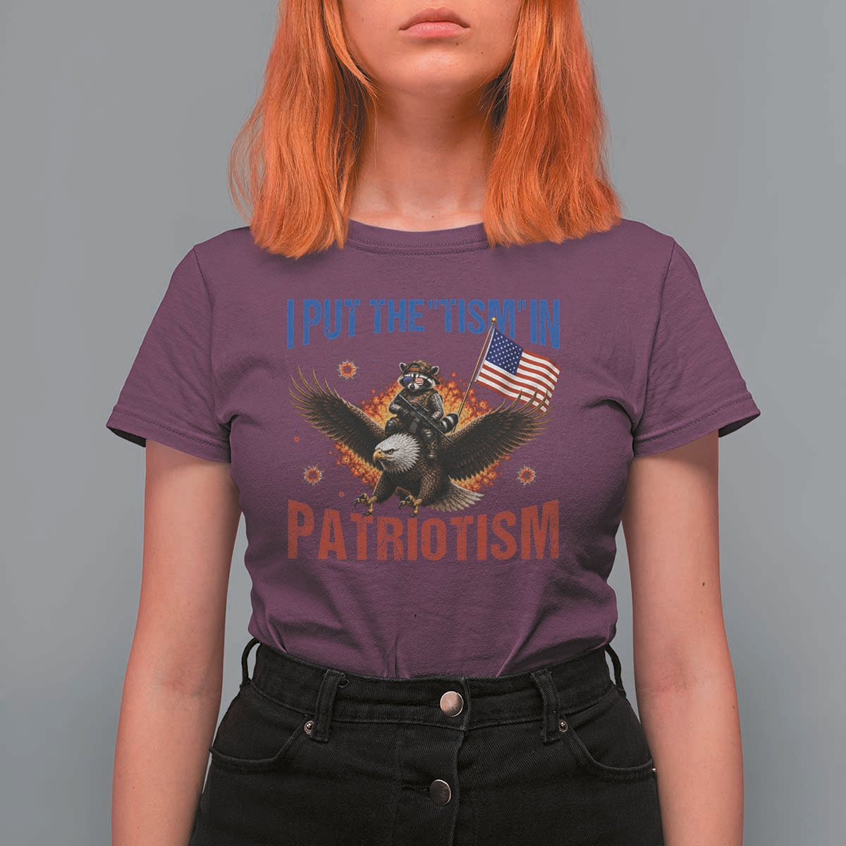 I Put The Tism In Patriotism T Shirt For Women Raccoon Bald Eagle 4th of July USA