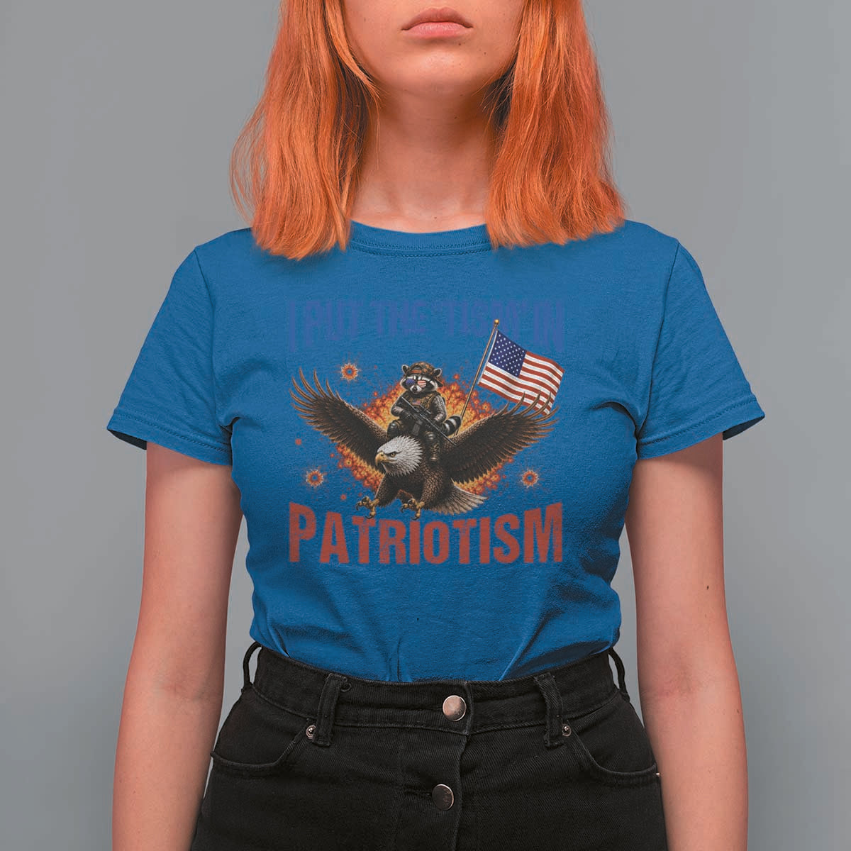 I Put The Tism In Patriotism T Shirt For Women Raccoon Bald Eagle 4th of July USA