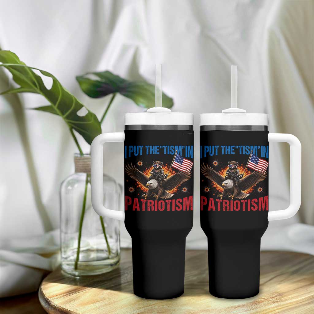 I Put The Tism In Patriotism Tumbler With Handle Raccoon Bald Eagle 4th of July USA