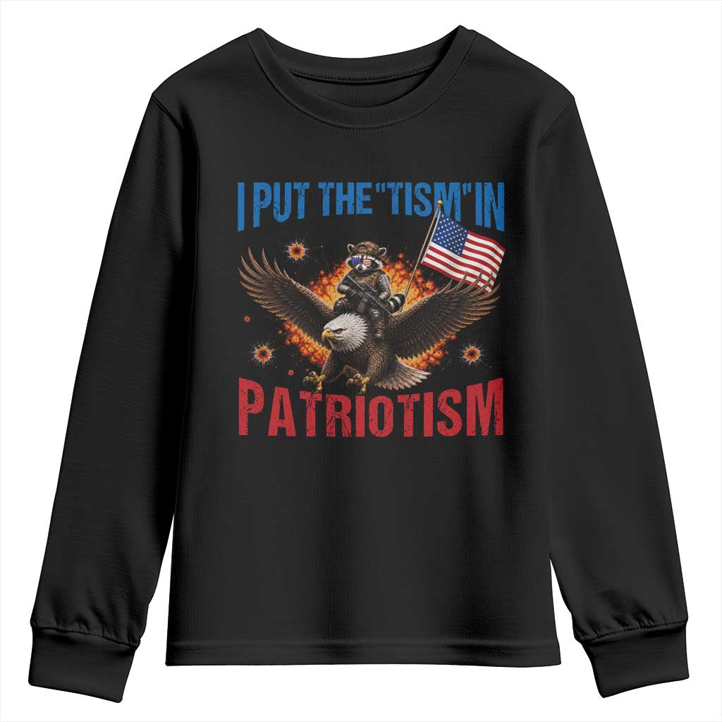 I Put The Tism In Patriotism Youth Sweatshirt Raccoon Bald Eagle 4th of July USA