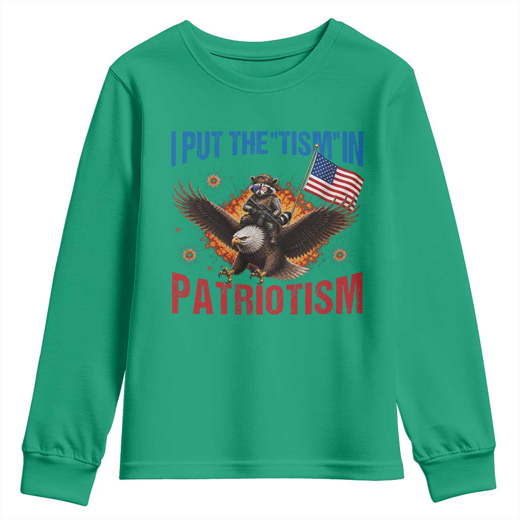I Put The Tism In Patriotism Youth Sweatshirt Raccoon Bald Eagle 4th of July USA