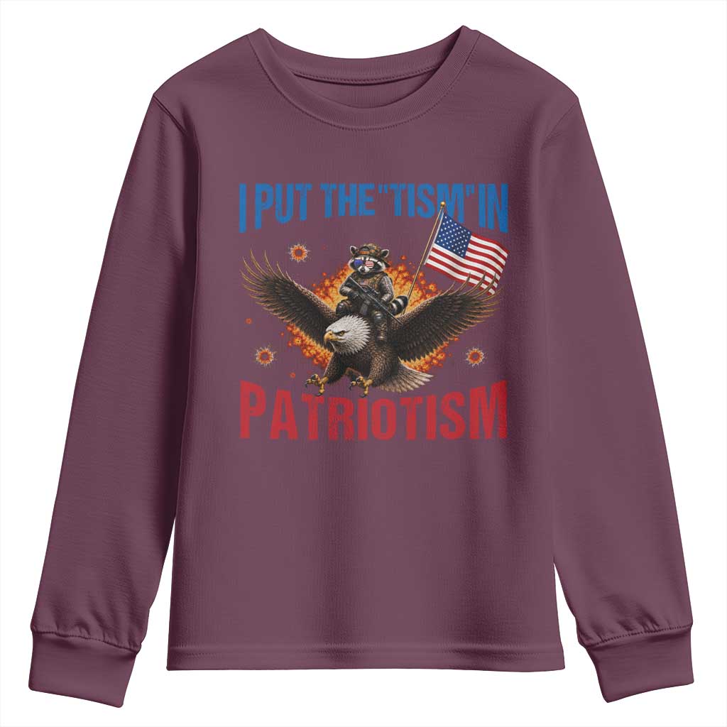 I Put The Tism In Patriotism Youth Sweatshirt Raccoon Bald Eagle 4th of July USA