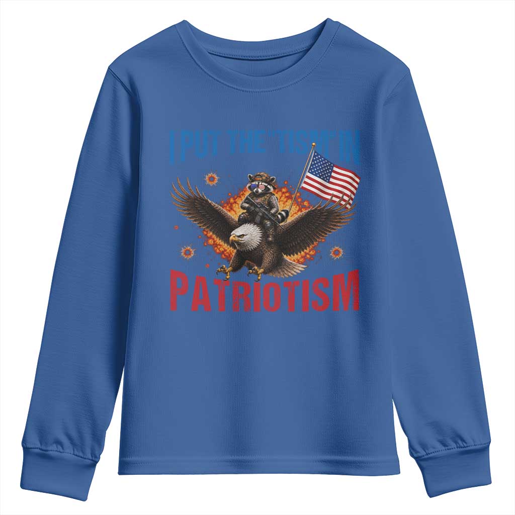 I Put The Tism In Patriotism Youth Sweatshirt Raccoon Bald Eagle 4th of July USA