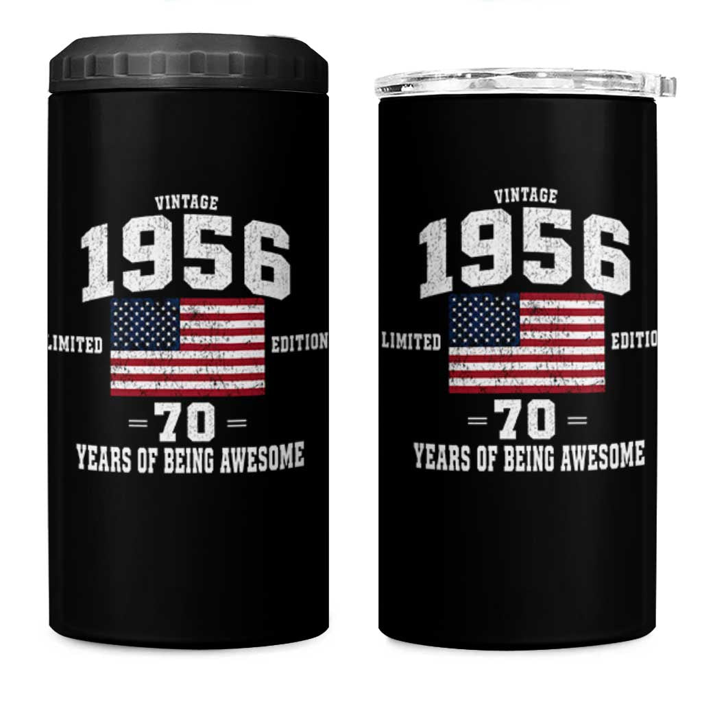 70th Birthday 4 in 1 Can Cooler Tumbler Vintage 1956 Limited Edition 70 Years Of Being Awesome USA Flag