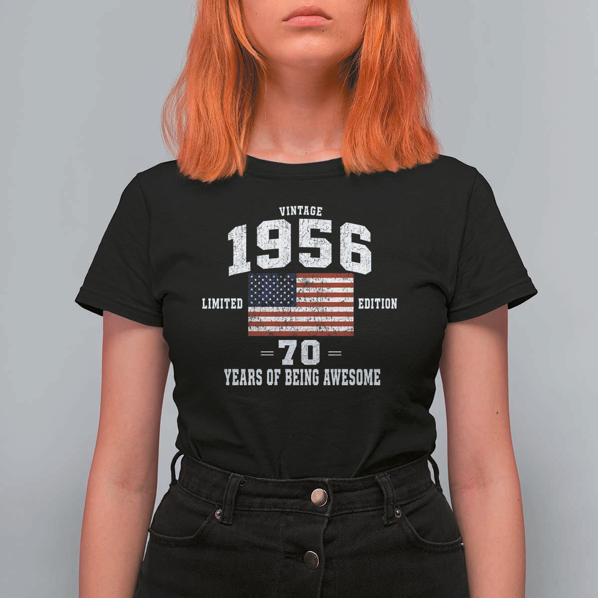 70th Birthday T Shirt For Women Vintage 1956 Limited Edition 70 Years Of Being Awesome USA Flag