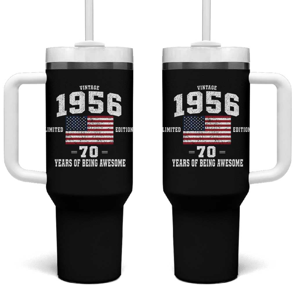 70th Birthday Tumbler With Handle Vintage 1956 Limited Edition 70 Years Of Being Awesome USA Flag