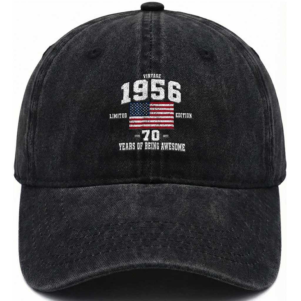 70th Birthday Washed Cotton Baseball Cap Vintage 1956 Limited Edition 70 Years Of Being Awesome USA Flag