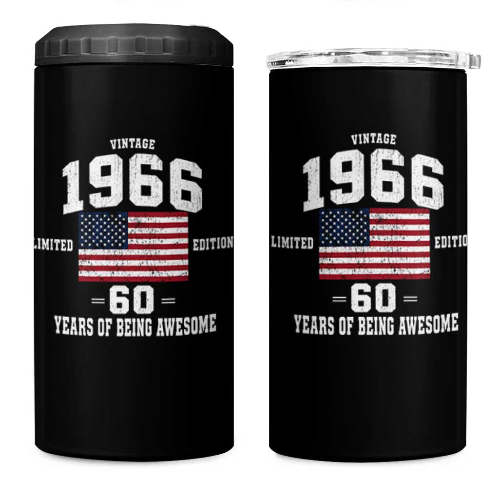 60th Birthday 4 in 1 Can Cooler Tumbler Vintage 1966 Limited Edition 60 Years Of Being Awesome USA Flag