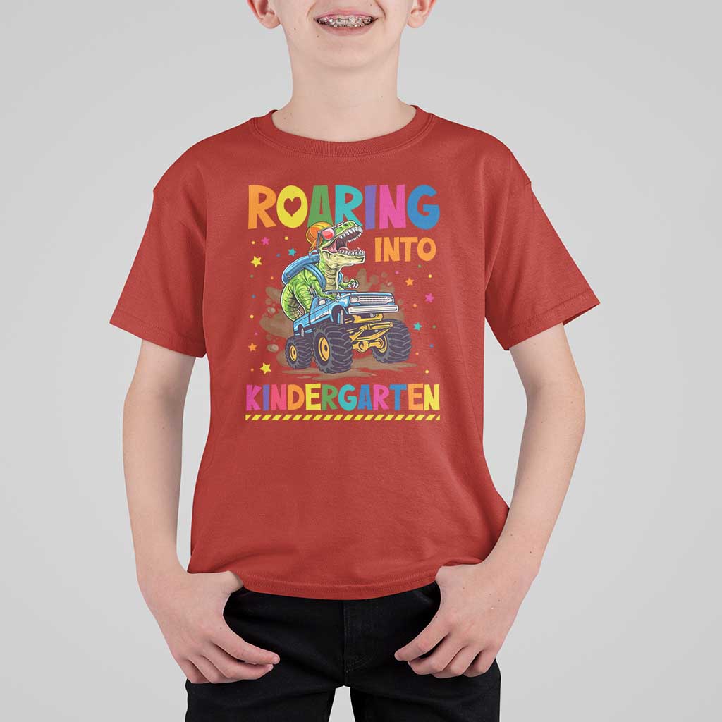 Roaring Into Kindergarten T Shirt For Kid Back to School Dinosaur T-Rex Monster Truck - Wonder Print Shop