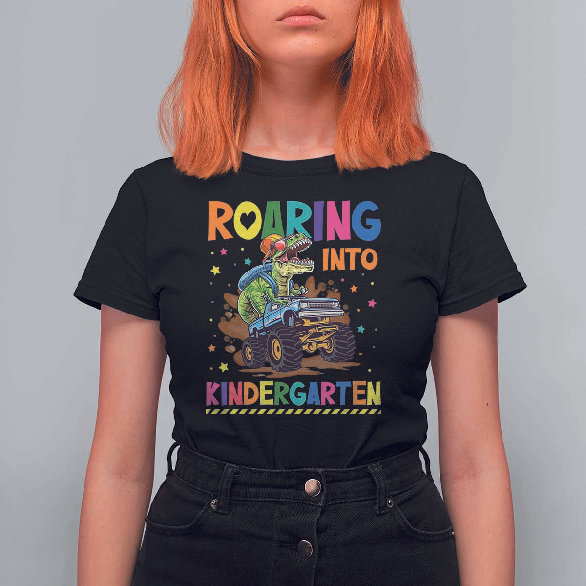 Roaring Into Kindergarten T Shirt For Women Back to School Dinosaur T-Rex Monster Truck - Wonder Print Shop
