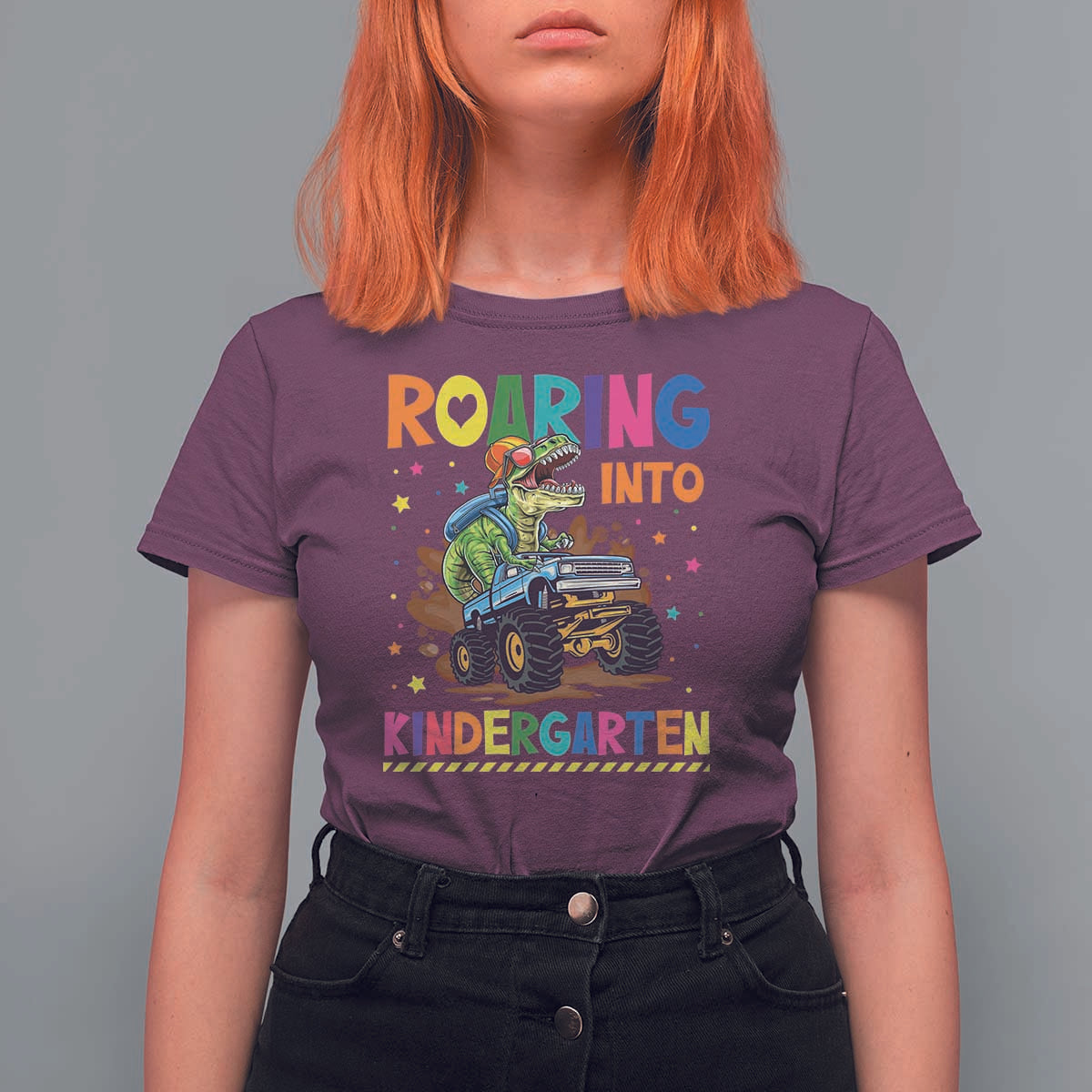 Roaring Into Kindergarten T Shirt For Women Back to School Dinosaur T-Rex Monster Truck - Wonder Print Shop