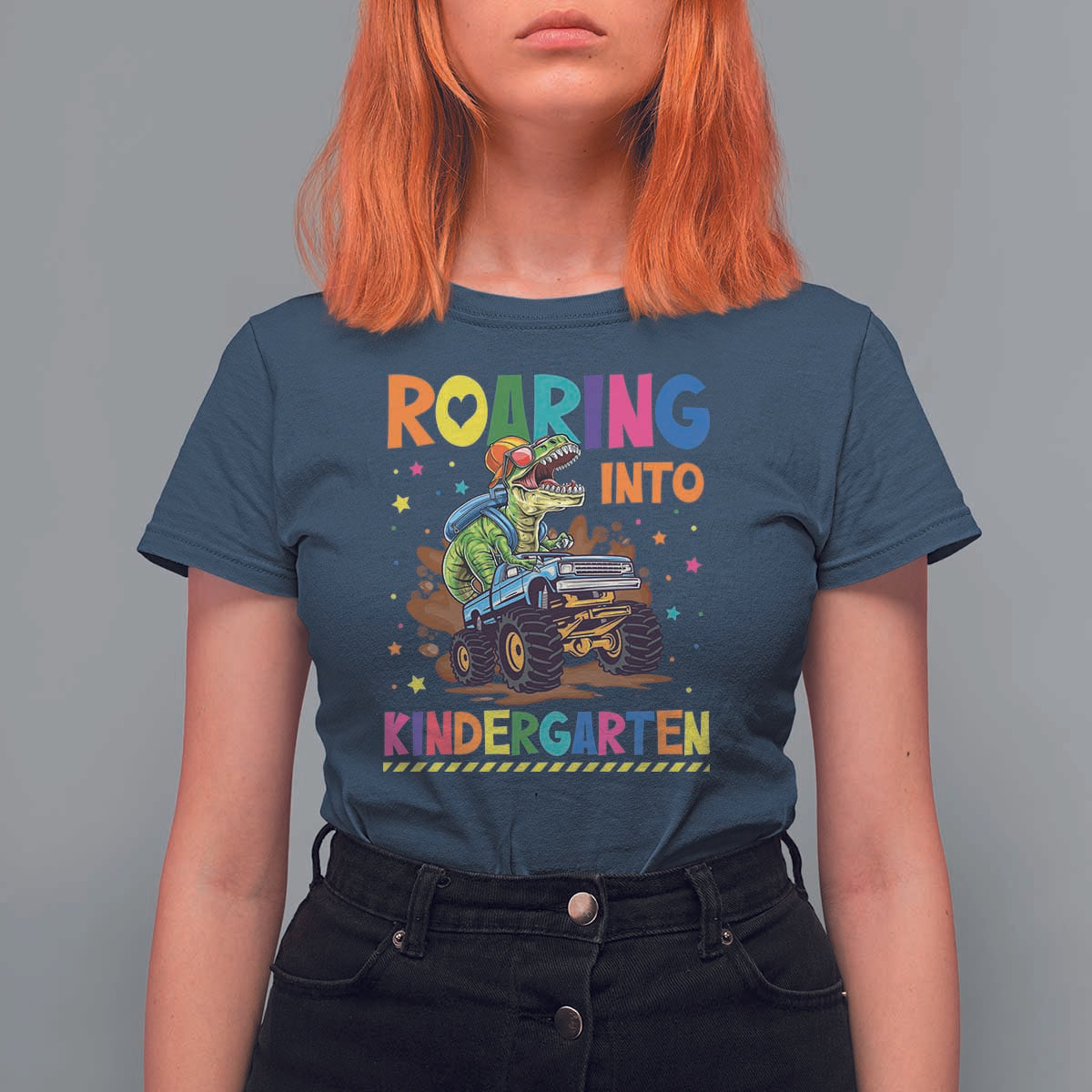 Roaring Into Kindergarten T Shirt For Women Back to School Dinosaur T-Rex Monster Truck - Wonder Print Shop
