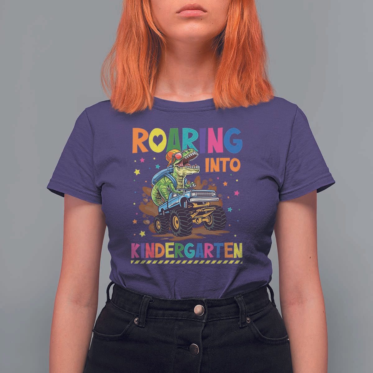 Roaring Into Kindergarten T Shirt For Women Back to School Dinosaur T-Rex Monster Truck - Wonder Print Shop