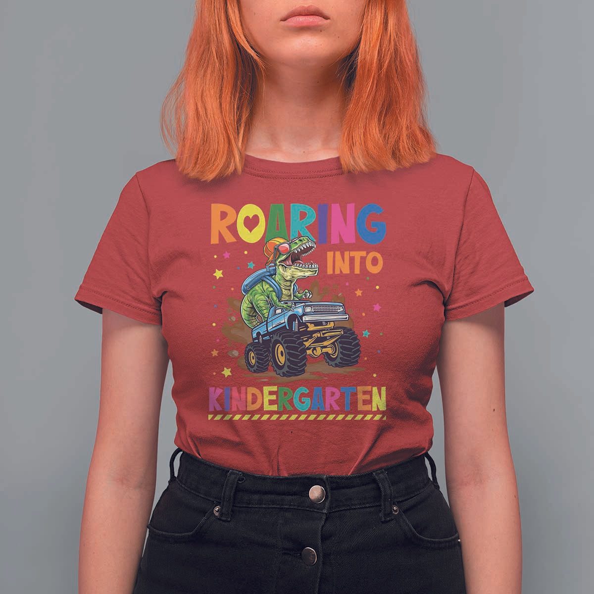 Roaring Into Kindergarten T Shirt For Women Back to School Dinosaur T-Rex Monster Truck - Wonder Print Shop