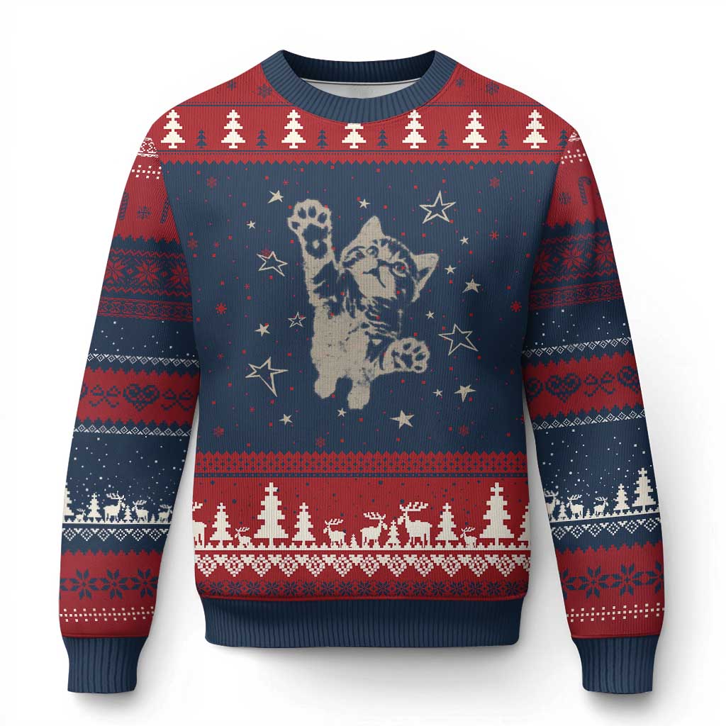 90s Y2k Cat Jumping Stars 2000s Grunge Vintage Graphic Ugly Christmas Sweater