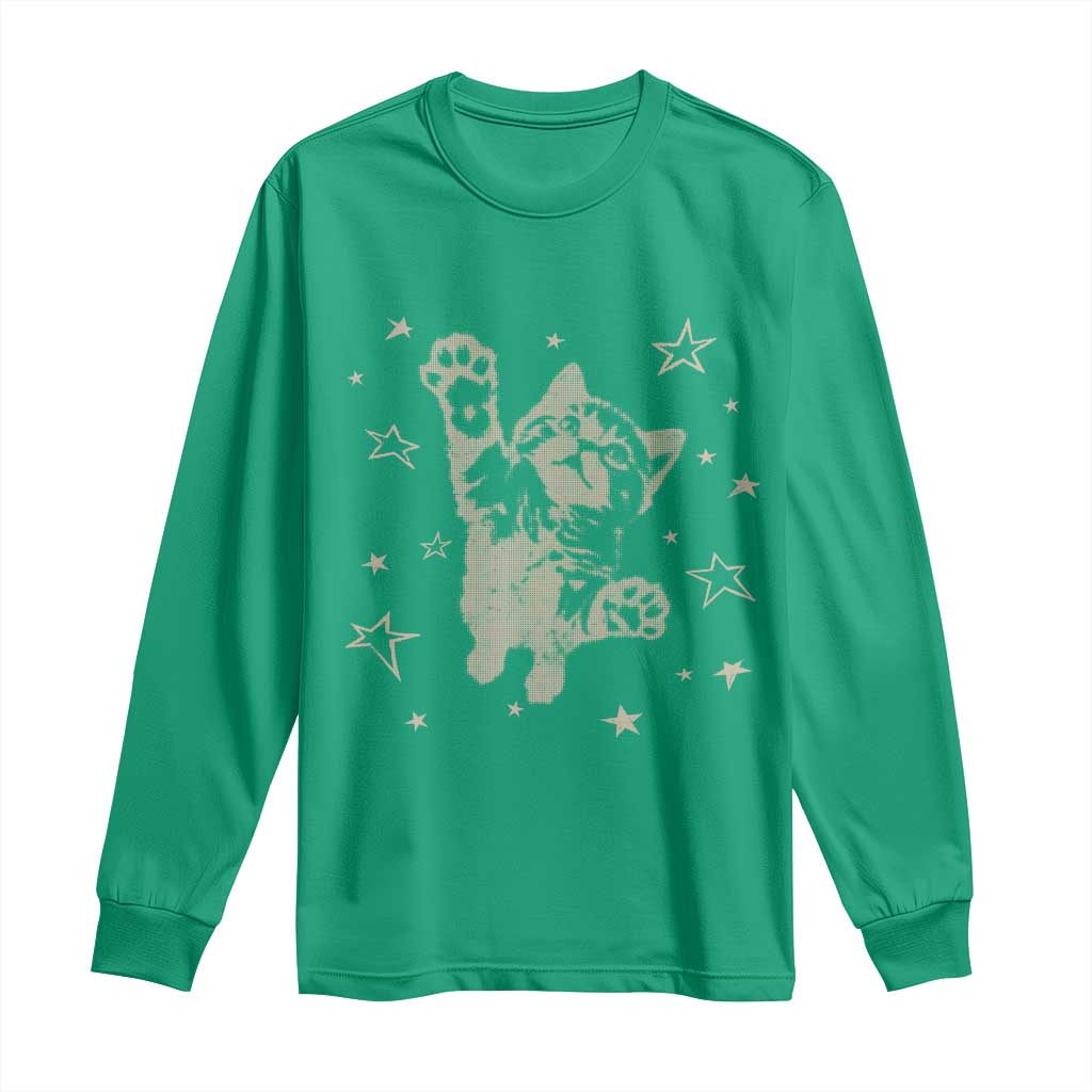 90s Y2k Cat Jumping Stars 2000s Grunge Vintage Graphic Long Sleeve Shirt
