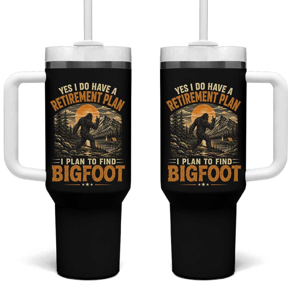 Yes I Do Have A Retirement Plan I Plan To Find Bigfoot Tumbler With Handle Funny Retired Bigfoot Hunter Retro Forest
