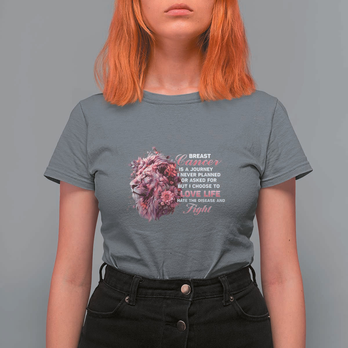 Breast Cancer Awareness T Shirt For Women Breast Cancer Is A Journey I Never Planned Or Asked For But I Choose To Love Life Floral Lion - Wonder Print Shop