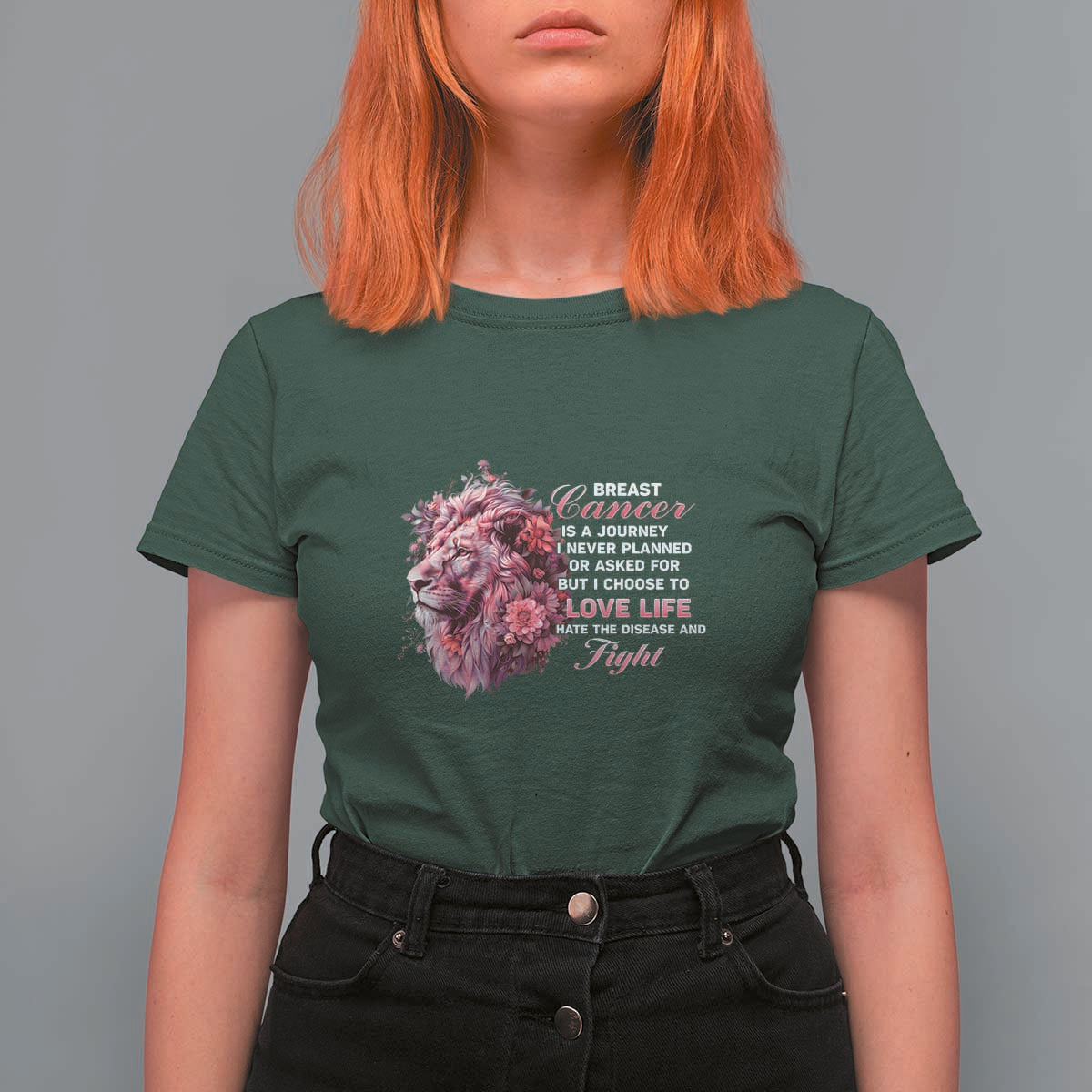 Breast Cancer Awareness T Shirt For Women Breast Cancer Is A Journey I Never Planned Or Asked For But I Choose To Love Life Floral Lion - Wonder Print Shop