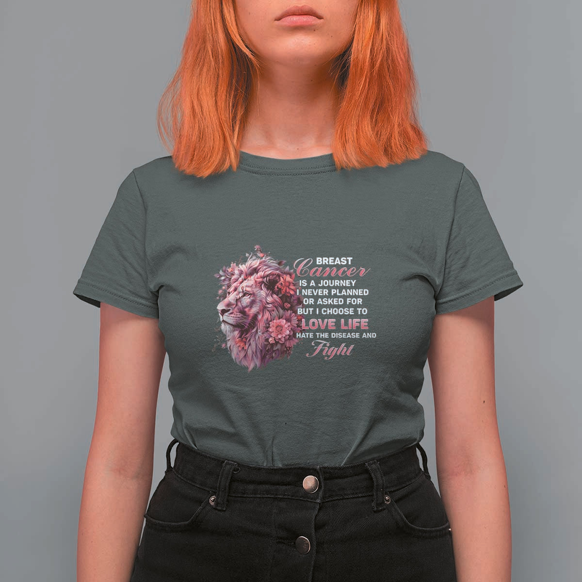 Breast Cancer Awareness T Shirt For Women Breast Cancer Is A Journey I Never Planned Or Asked For But I Choose To Love Life Floral Lion - Wonder Print Shop