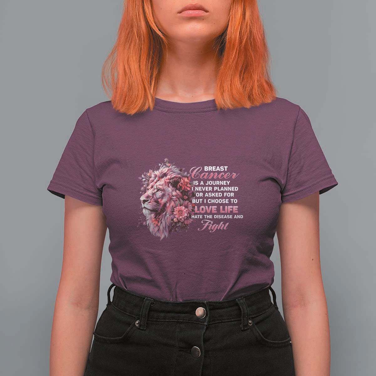 Breast Cancer Awareness T Shirt For Women Breast Cancer Is A Journey I Never Planned Or Asked For But I Choose To Love Life Floral Lion - Wonder Print Shop