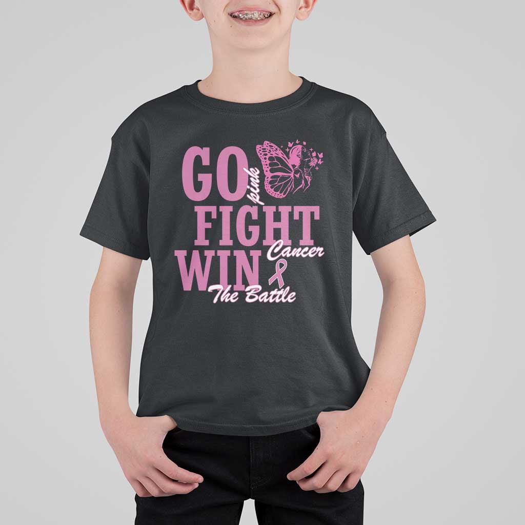 Breast Cancer Awareness T Shirt For Kid Go Pink Fight Cancer Win The Battle Pink Ribbon Butterfly - Wonder Print Shop