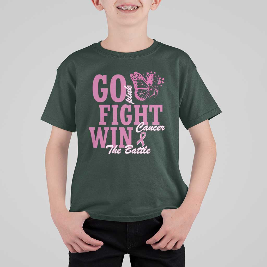 Breast Cancer Awareness T Shirt For Kid Go Pink Fight Cancer Win The Battle Pink Ribbon Butterfly - Wonder Print Shop