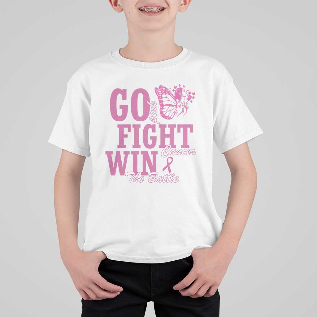 Breast Cancer Awareness T Shirt For Kid Go Pink Fight Cancer Win The Battle Pink Ribbon Butterfly - Wonder Print Shop