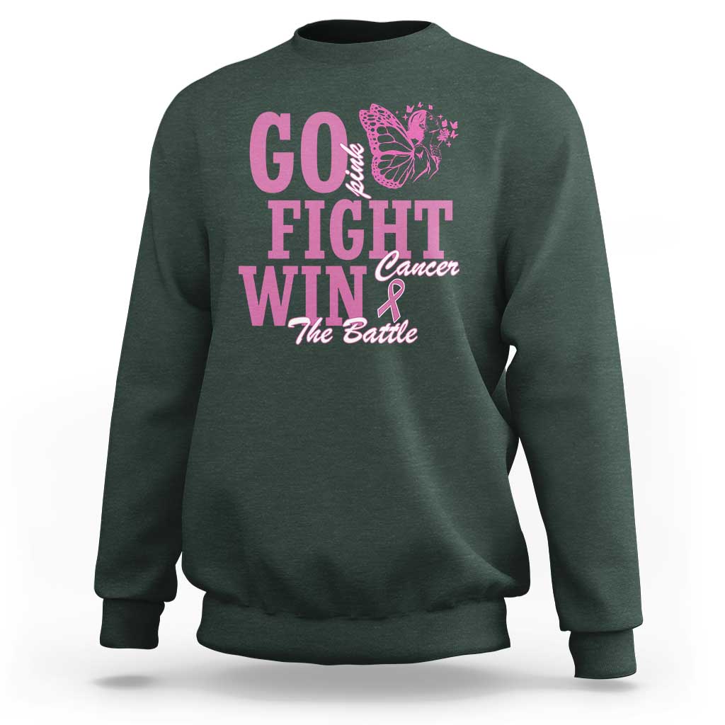 Breast Cancer Awareness Sweatshirt Go Pink Fight Cancer Win The Battle Pink Ribbon Butterfly - Wonder Print Shop