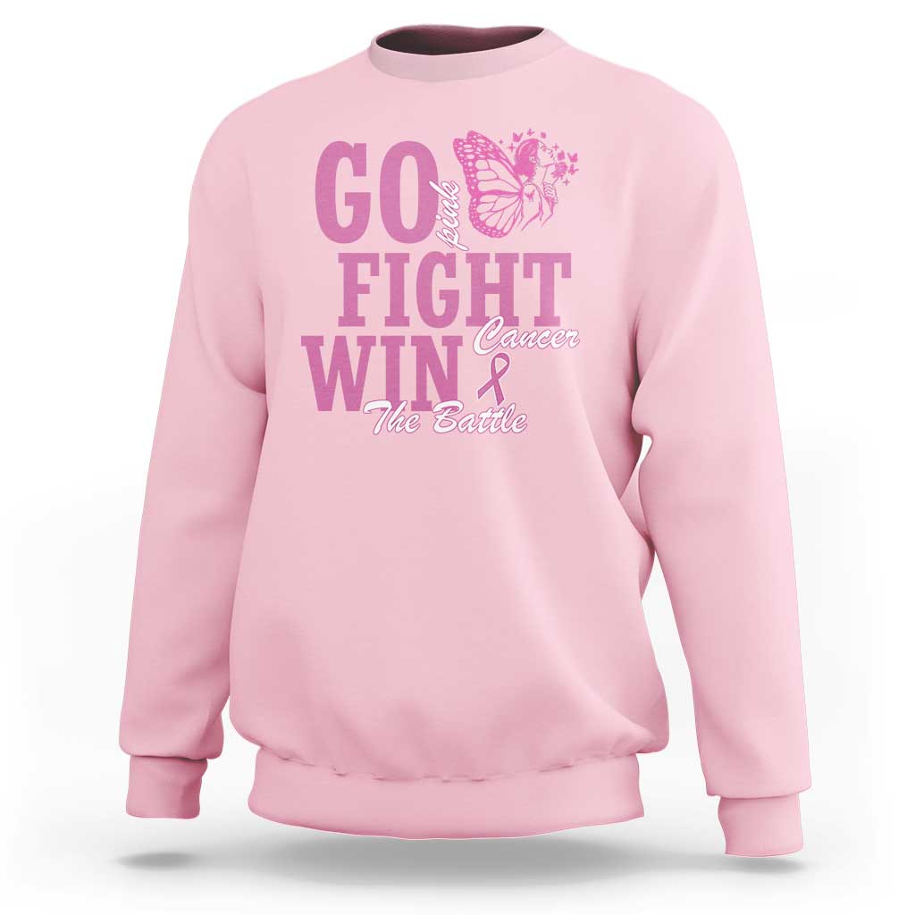 Breast Cancer Awareness Sweatshirt Go Pink Fight Cancer Win The Battle Pink Ribbon Butterfly - Wonder Print Shop
