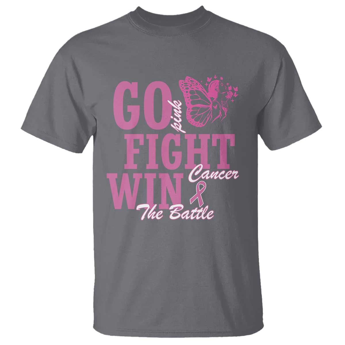 Breast Cancer Awareness T Shirt Go Pink Fight Cancer Win The Battle Pink Ribbon Butterfly - Wonder Print Shop