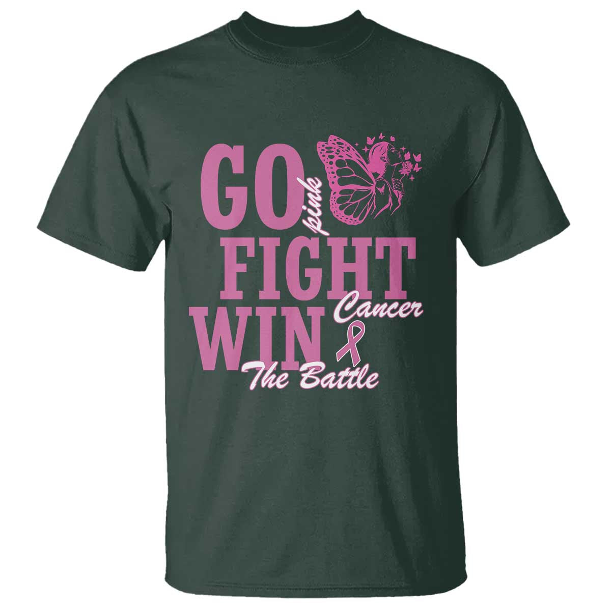 Breast Cancer Awareness T Shirt Go Pink Fight Cancer Win The Battle Pink Ribbon Butterfly - Wonder Print Shop